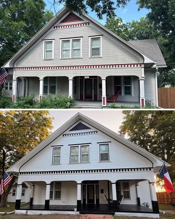 This is an image from Yellow Rose Painting, located in Texas. The before-and-after exterior comparison shows a home transformed from a beige and red color scheme to a crisp white façade with black accents.