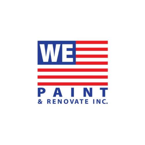 This is an image from WE Paint & Renovate Inc., located in California. The logo for WE Paint & Renovate Inc. features blue and red lettering with horizontal red stripes designed like an American flag.