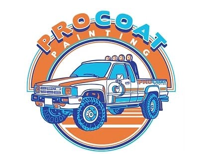 his is an image from ProCoat Painting, located in Georgia. The logo for ProCoat Painting features orange and blue lettering with an illustrated work truck inside a circular badge design.