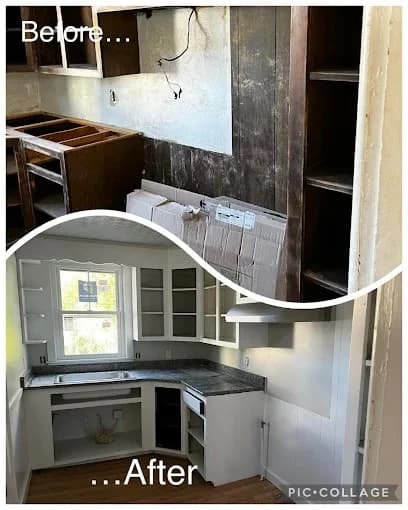 This is an image from Pancione Painting Plus LLC, located in Massachusetts. The before-and-after photo displays a kitchen renovation, changing from bare wooden cabinets to a clean white design with new countertops and shelving.