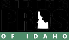 This is an image from Siding Pros of Idaho, located in Idaho. The logo for Siding Pros of Idaho features bold black text, a house icon with the shape of Idaho, and green lettering beneath it.