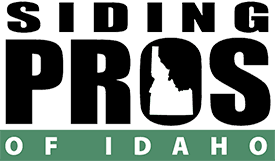 This is an image from Siding Pros of Idaho, located in Idaho. The logo for Siding Pros of Idaho features bold black text, a house icon with the shape of Idaho, and green lettering beneath it.