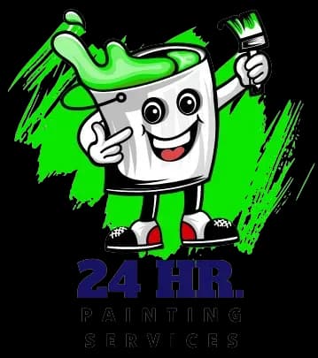 This is an image from 24HR PAINTING SERVICES, located in California. The logo for 24HR Painting Services features a smiling paint bucket character holding a paintbrush with green paint splashing above, set against a bright green background with bold lettering.
