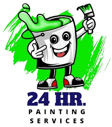 This is an image from 24HR PAINTING SERVICES, located in California. The logo for 24HR Painting Services features a smiling paint bucket character holding a paintbrush with green paint splashing above, set against a bright green background with bold lettering.