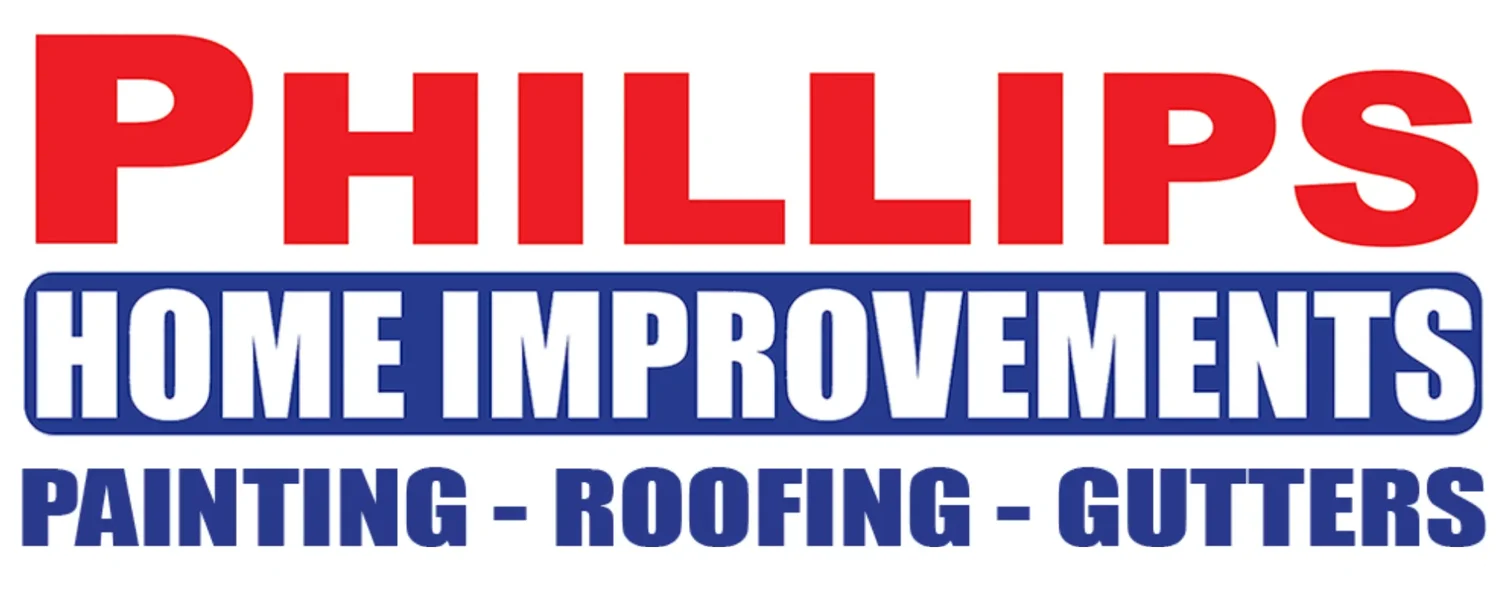 This is an image from Phillips Home Improvements, located in Texas. The logo for Phillips Home Improvements features bold red and blue text emphasizing their painting, roofing, and gutter services.