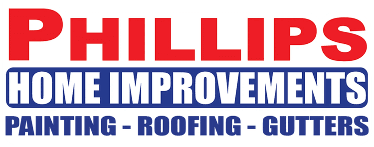This is an image from Phillips Home Improvements, located in Texas. The logo for Phillips Home Improvements features bold red and blue text emphasizing their painting, roofing, and gutter services.