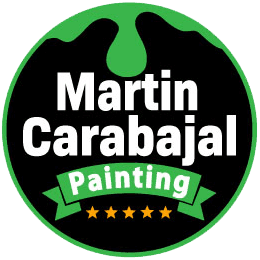 This is an image from Martin Carabajal Painting, located in California.The logo for Martin Carabajal Painting features bold white lettering on a black circular badge with green paint drip accents, a green ribbon banner, and five gold stars.
