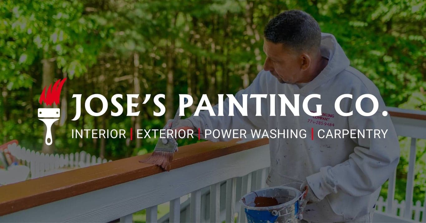Logo of Jose's Painting Co. featuring a paintbrush with red bristles forming part of the design, alongside text that reads “Jose’s Painting Co. – Interior | Exterior | Power Washing | Carpentry.