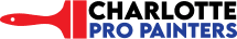 This is an image from Charlotte Pro Painters, located in North Carolina. This is a logo of Charlotte Pro Painters featuring a red paintbrush icon with the company name in blue bold text.