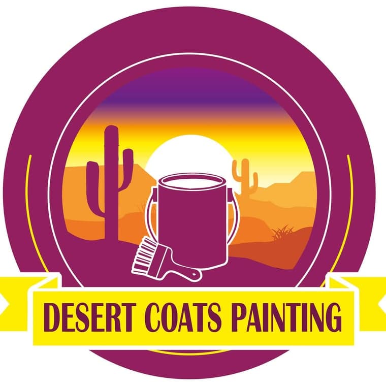 This is an image from Desert Coats Painting, located in Arizona. The logo for Desert Coats Painting features a circular purple badge with a desert sunset scene, saguaro cacti, and a paint can with brush, accented by a yellow banner displaying the company name.