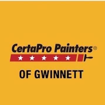 This is an image from CertaPro Painters of Gwinnett, located in Georgia. The logo for CertaPro Painters of Gwinnett features bold black and red text on a yellow background with a row of red stars and a paint roller graphic, with 'Of Gwinnett' displayed beneath the company name.