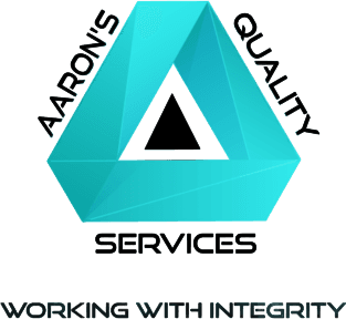 This is an image from Aaron's Quality Painting, located in Minnesota. The logo for Aaron's Quality Painting features a teal geometric triangular design with bold black lettering and the phrase Working With Integrity.