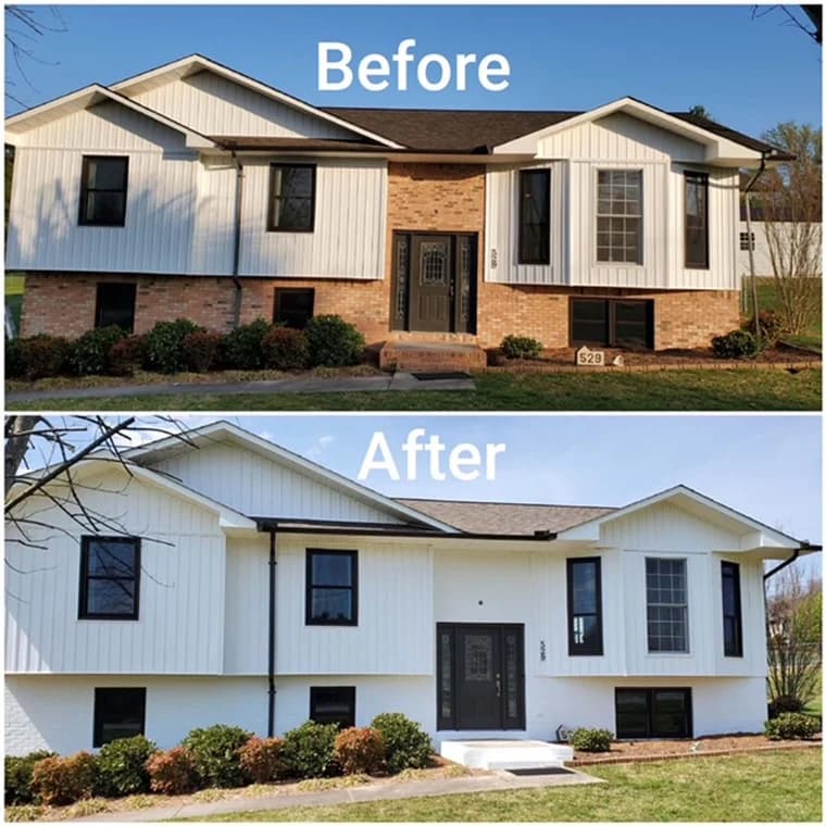 This is an image from Fresh Coat Painters of Andover, located in Massachusetts. The photo shows a before and after comparison of a two-story brick and siding home painted white with black trim, showing the transformation completed by Fresh Coat Painters of Andover.