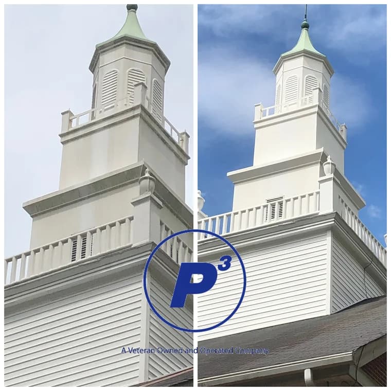 Before-and-after comparison of a tall white church steeple, showing a transformation from weathered and stained to freshly cleaned and bright.