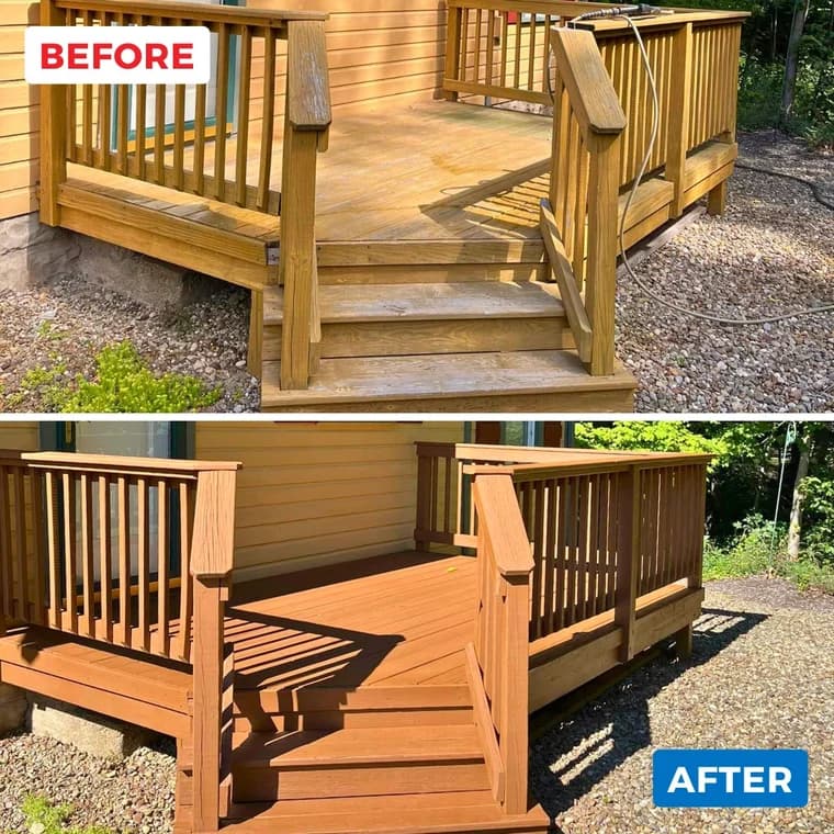 "This is an image from Paramo Painting, located in Texas. The before-and-after comparison shows a refinished deck transformed from weathered wood to a rich, freshly stained surface."
