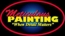 This is an image from Meticulous Painting, located in Massachusetts. The logo for Meticulous Painting features bold yellow text with a red outline inside a black oval, accompanied by the tagline 'When Detail Matters' in italic white font.