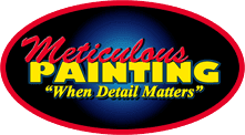 This is an image from Meticulous Painting, located in Massachusetts. The logo for Meticulous Painting features bold yellow text with a red outline inside a black oval, accompanied by the tagline 'When Detail Matters' in italic white font.