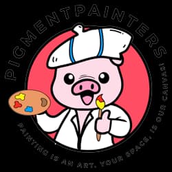 This is an image from Pigment Painters, located in Missouri. The logo for Pigment Painters features a cartoon pig painter holding a paintbrush and palette, wearing a painter’s cap, inside a circular badge with bold lettering.