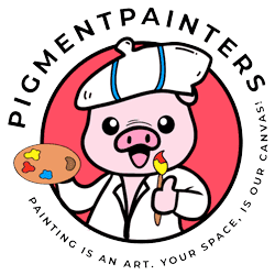 This is an image from Pigment Painters, located in Missouri. The logo for Pigment Painters features a cartoon pig painter holding a paintbrush and palette, wearing a painter’s cap, inside a circular badge with bold lettering.