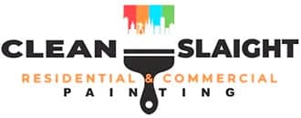 This is an image from Clean Slaight Painting, located in Tulsa, Oklahoma. The logo for Clean Slaight Painting features bold black text with a paint roller graphic displaying bright colors above the words 'Residential & Commercial Painting' in orange.