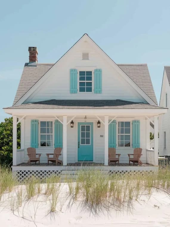 This is an image from Charlotte Pro Painters, located in North Carolina. This is a beach-style house with white siding and turquoise shutters and door, freshly painted with a bright coastal theme.