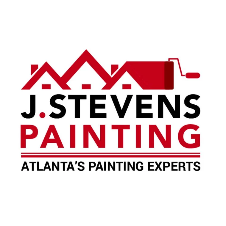 This is an image from J. Stevens Painting, located in Georgia. The logo for J. Stevens Painting features bold black and red text with a red rooftop graphic and paint roller, along with the tagline 'Atlanta's Painting Experts.