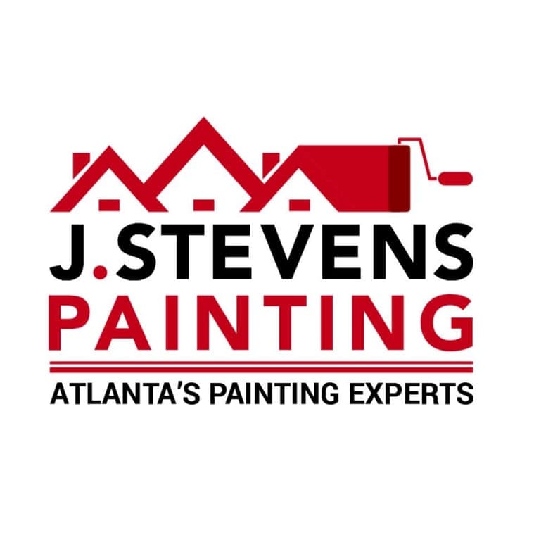 This is an image from J. Stevens Painting, located in Georgia. The logo for J. Stevens Painting features bold black and red text with a red rooftop graphic and paint roller, along with the tagline 'Atlanta's Painting Experts.