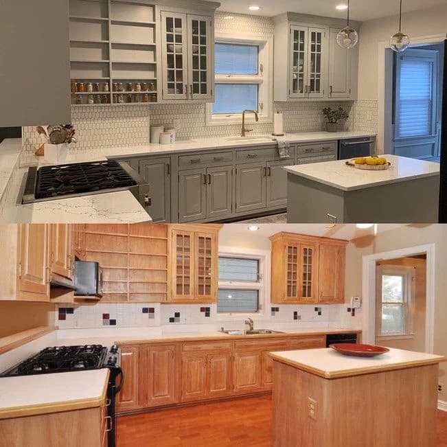 Before and after kitchen cabinet refinishing by Hudson Paint Contracting, showing natural wood cabinets updated to sleek gray with a modern look.