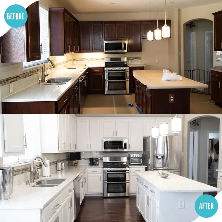 This is an image from That 1 Painter Austin, located in Texas. The before-and-after kitchen comparison shows dark wood cabinets refinished to a bright white finish with updated, modern surfaces.