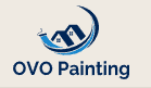 This is an image from OVO Painting, located in Georgia. The logo for OVO Painting features a stylized white mountain-shaped 'M' icon with a blue swoosh above it, set against a dark navy background with the company name in clean white sans-serif text."
