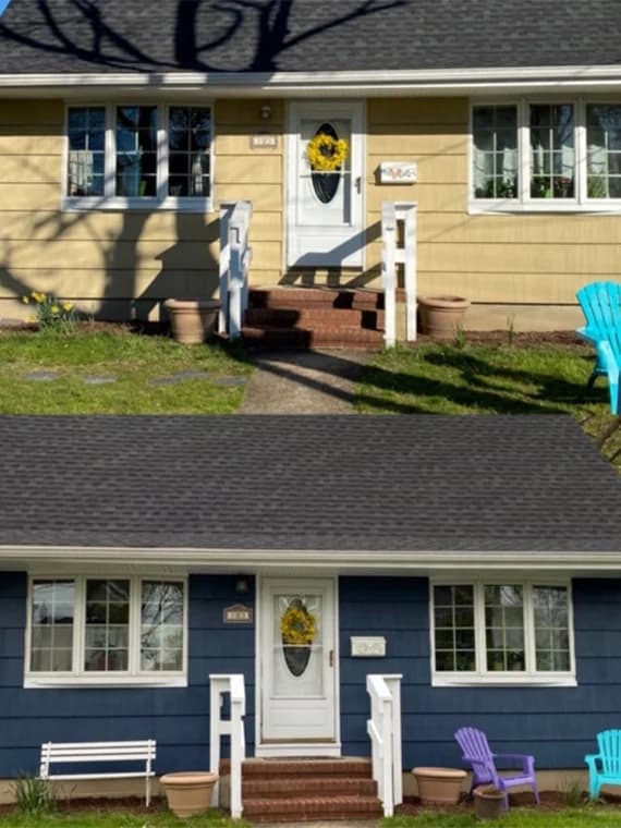 his is an image from Richard K. Moore Professional Painting in New Jersey. It highlights a before-and-after transformation of a single-story home, changing from yellow siding to dark blue for a refreshed look.