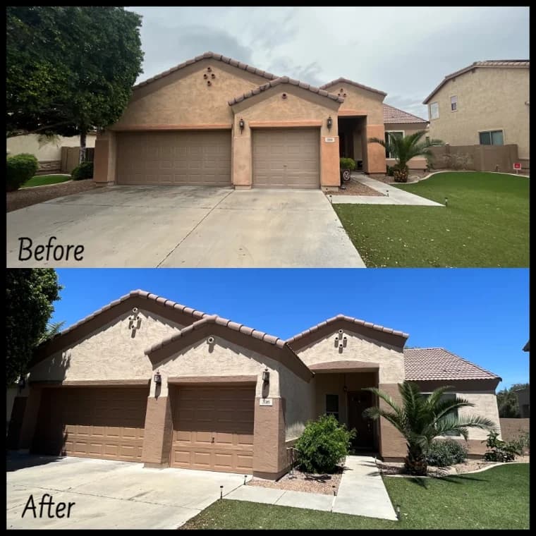 "This is an image from Painter1 of Greater North Austin, located in Texas. The before-and-after exterior shows a repainted garage and entry area with refreshed tones that create a cleaner, more modern appearance."