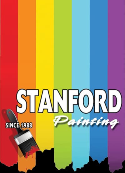 This is an image from Stanford Painting, located in California. The logo for Stanford Painting features vertical rainbow-colored paint strokes with bold white lettering and a paintbrush graphic highlighting the company’s long-standing painting services since 1988.