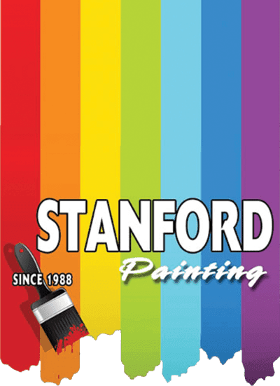 This is an image from Stanford Painting, located in California. The logo for Stanford Painting features vertical rainbow-colored paint strokes with bold white lettering and a paintbrush graphic highlighting the company’s long-standing painting services since 1988.