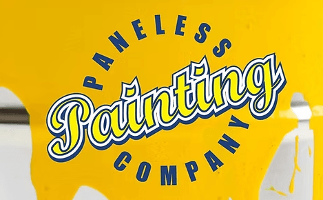 This is an image from Paneless Company Painting, located in California. The logo for Paneless Painting Company features bold script lettering in white and blue set against a bright yellow paint splash background.