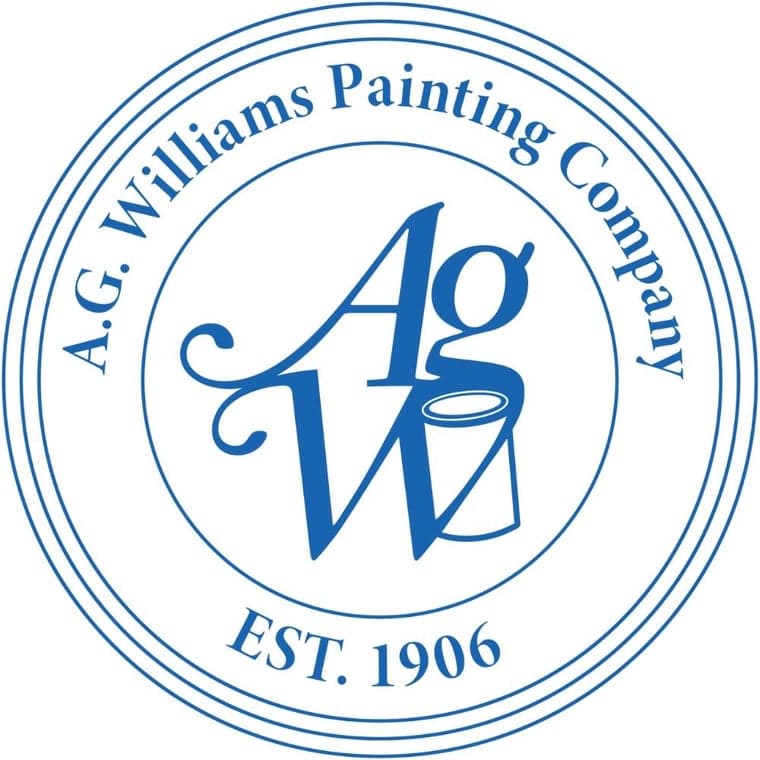 This is an image from A.G. Williams Painting Company, located in New York. The logo for A.G. Williams Painting Company features a circular blue emblem with elegant 'AGW' lettering and a small paint can illustration, along with the text 'EST. 1906' around the border.
