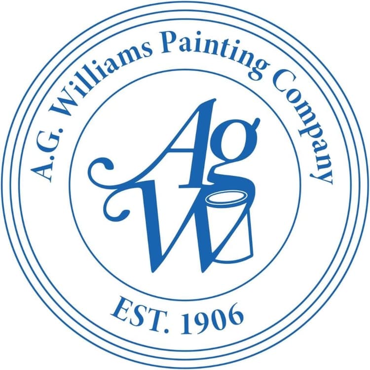 This is an image from A.G. Williams Painting Company, located in New York. The logo for A.G. Williams Painting Company features a circular blue emblem with elegant 'AGW' lettering and a small paint can illustration, along with the text 'EST. 1906' around the border.