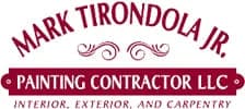 Logo for Mark Tirondola Jr. Painting Contractor LLC. The design uses deep red text with decorative elements, highlighting interior, exterior, and carpentry services.