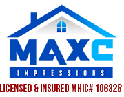This is an image from Maxc Impressions LLC, located in Maryland. The logo for Maxc Impressions LLC features a white roofline graphic with a window above bold blue text, set against a gradient blue background with the phrase 'Licensed & Insured MHIC# 106326' below.