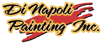 This is an image from DiNapoli Painting, located in Massachusetts. The logo for Di Napoli Painting Inc. features bold black and gold script text over a red paintbrush stroke background.