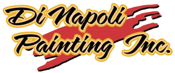 This is an image from DiNapoli Painting, located in Massachusetts. The logo for Di Napoli Painting Inc. features bold black and gold script text over a red paintbrush stroke background.