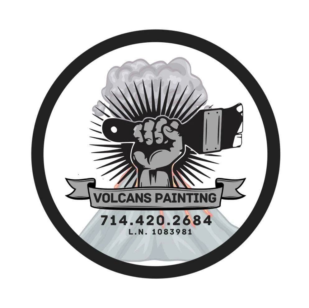 This is an image from Volcans Painting Inc., located in California. The image shows the company logo featuring a raised fist holding a paintbrush inside a circular emblem, with bold graphic elements, stylized rays, and the company name and contact details, representing professional painting services and brand identity.