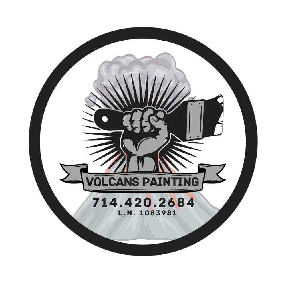 This is an image from Volcans Painting Inc., located in California. The image shows the company logo featuring a raised fist holding a paintbrush inside a circular emblem, with bold graphic elements, stylized rays, and the company name and contact details, representing professional painting services and brand identity.