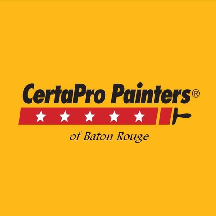 This is an image from CertaPro Painters of Baton Rouge, located in Louisiana. The logo for CertaPro Painters features bold black text with red and white stars on a yellow background and a paint roller graphic.