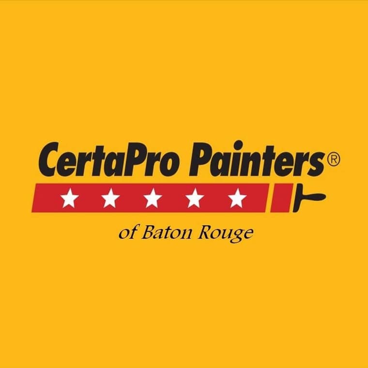 This is an image from CertaPro Painters of Baton Rouge, located in Louisiana. The logo for CertaPro Painters features bold black text with red and white stars on a yellow background and a paint roller graphic.