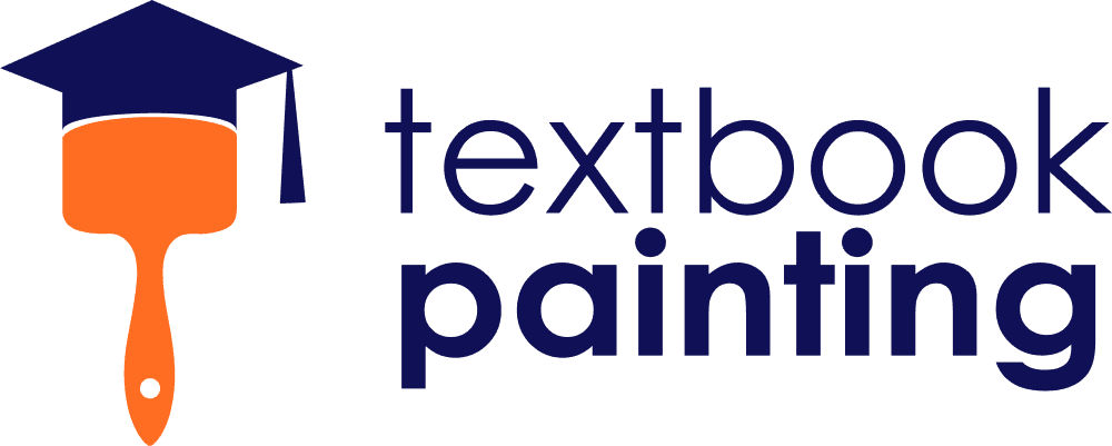 This is an image from Textbook Painting Company, located in Ohio. The logo for Textbook Painting Company features a stylized paintbrush with a graduation cap icon and bold blue and orange text representing professional residential painting services.