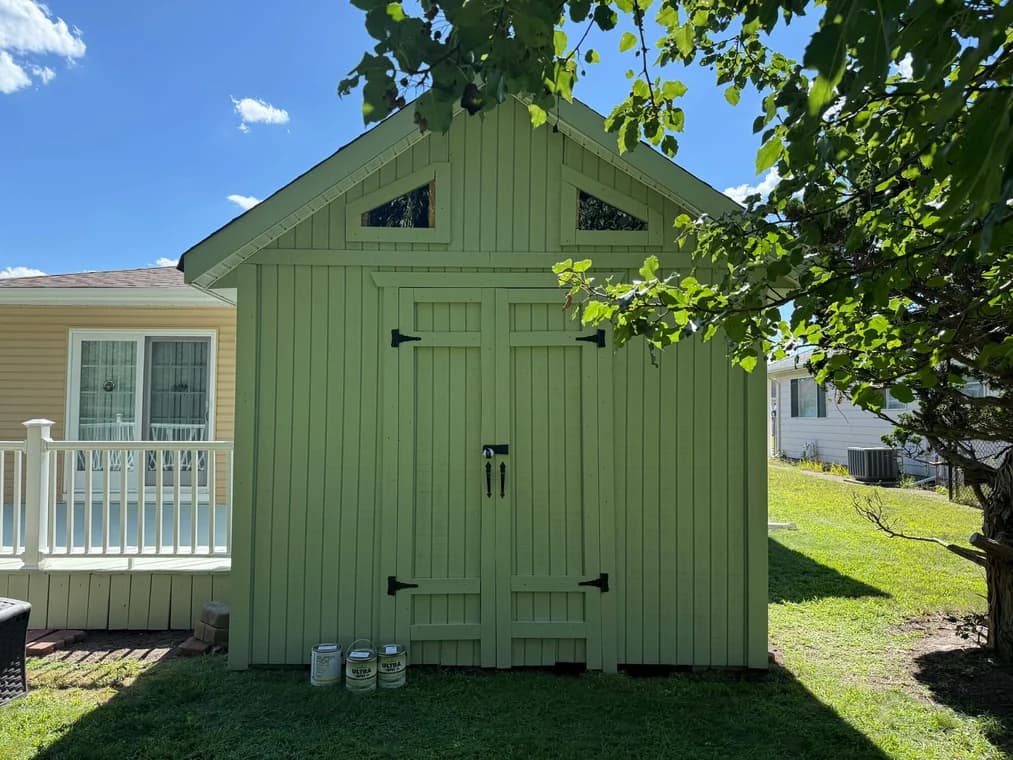 This is an image from Carfagno Professional Painting & Power Washing LLC. It displays a small backyard shed freshly painted light green, surrounded by trees and lawn.