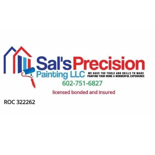 his is an image from Sal's Precision Painting, located in Arizona. The logo for Sal's Precision Painting features bold red and blue text alongside a house outline with a paint roller graphic, representing the company's professional residential painting services.