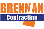 This is the logo of Brennan Contracting, featuring bold orange and blue text with a paint swatch design, representing their painting and contracting services.