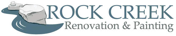 This is an image from Rock Creek Renovation & Painting, located in Ohio. The logo for Rock Creek Renovation & Painting features stylized stone graphics with green and blue text representing home renovation and painting services